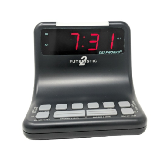 DEAFWORKS Futuristic 2 Dual Alarm Clock with Flashing or Steady Light mode and Dual USB Charging Ports - Black