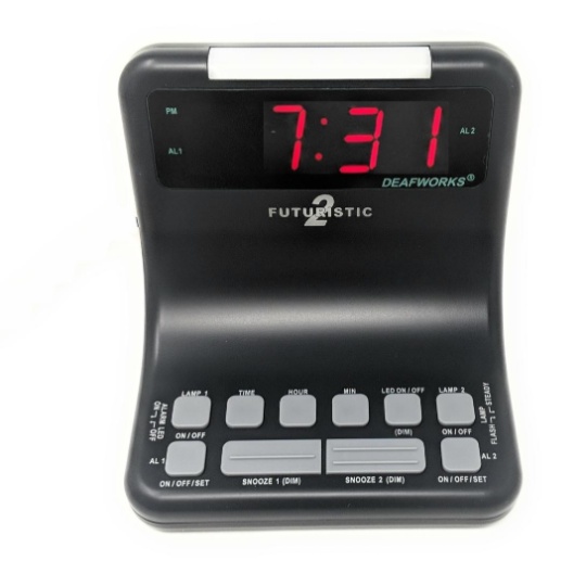 DEAFWORKS Futuristic 2 Dual Alarm Clock with Flashing or Steady Light mode and Dual USB Charging Ports - Black