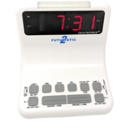 DEAFWORKS Futuristic 2 Dual Alarm Clock with Flashing or Steady Light mode and Dual USB Charging Ports - White