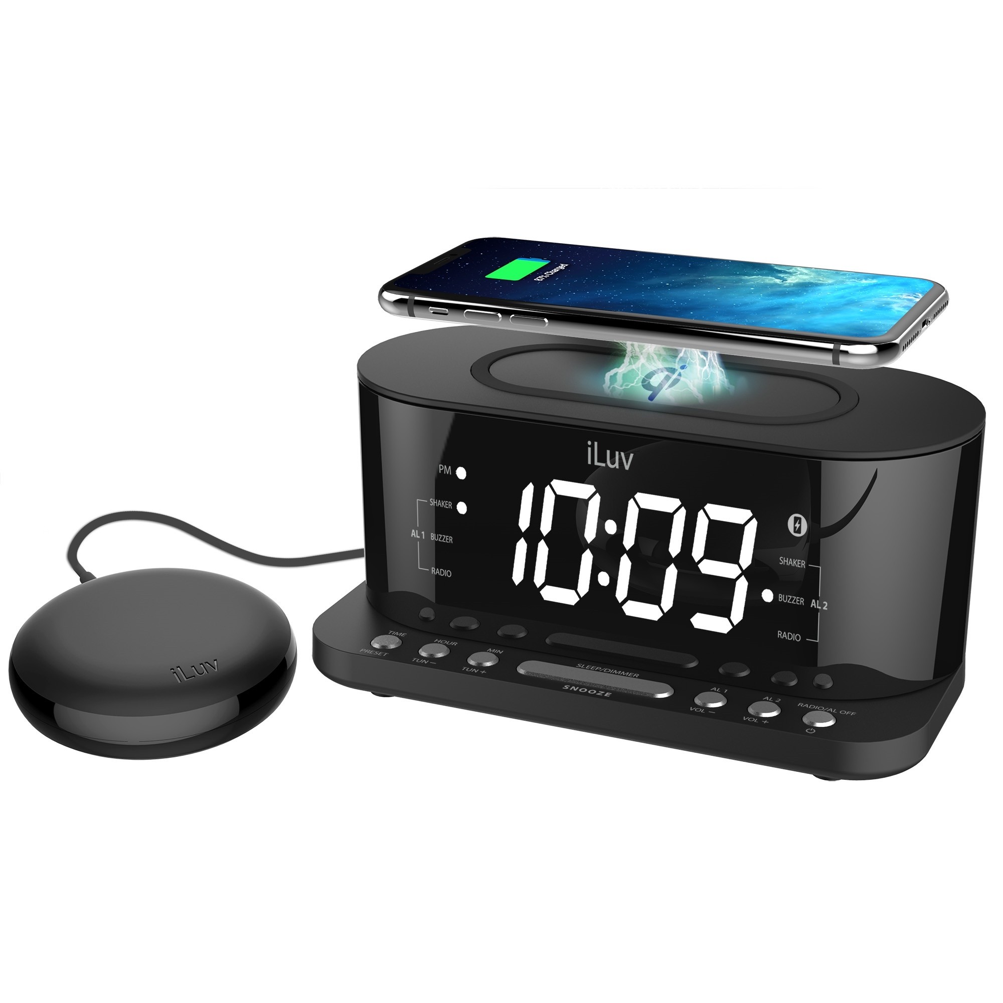 iLuv TimeShaker 5Q Wow Vibrating Alarm Clock Qi Wireless Charger