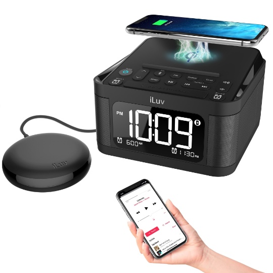 iLuv TimeShaker 6Q Wow Bluetooth LCD Dual-Alarm Clock with Qi Wireless Charging Pad and Bed Shaker