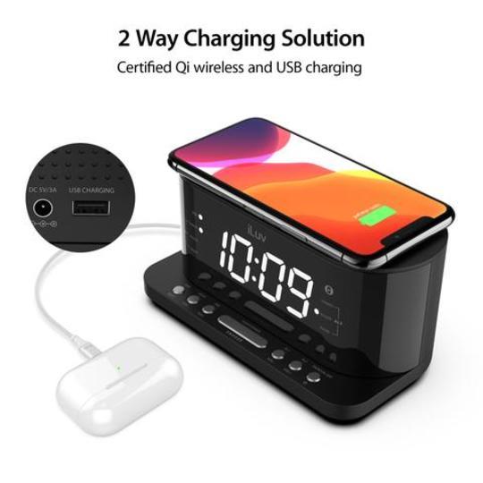 iLuv TimeShaker 5Q Wow LED Dual-Alarm Clock with Qi Wireless Charging Pad and Bed Shaker