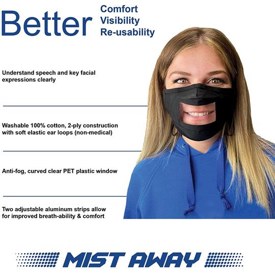 Mist Away Communication Mask with Clear, Anti-fog Window - Black