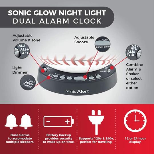 Sonic Glow SBW100BBSS Baseball Alarm Clock with Bed Shaker