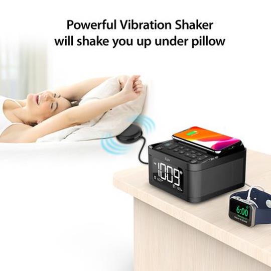 iLuv TimeShaker 6Q Wow Bluetooth LCD Dual-Alarm Clock with Qi Wireless Charging Pad and Bed Shaker