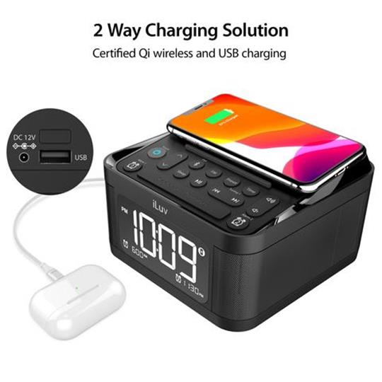 iLuv TimeShaker 6Q Wow Bluetooth LCD Dual-Alarm Clock with Qi Wireless Charging Pad and Bed Shaker