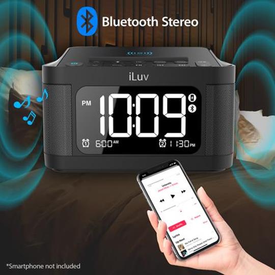 iLuv TimeShaker 6Q Wow Bluetooth LCD Dual-Alarm Clock with Qi Wireless Charging Pad and Bed Shaker