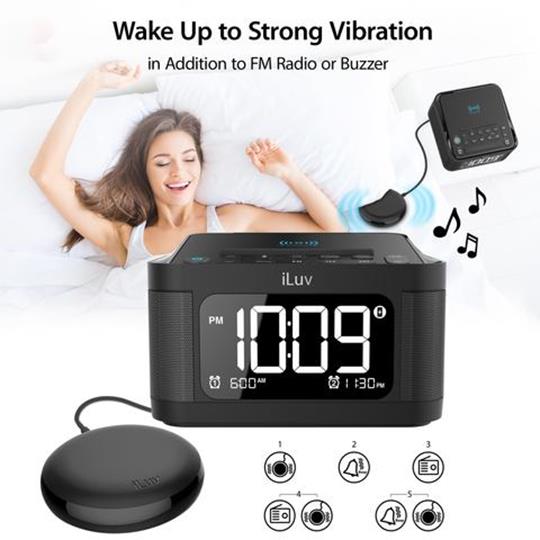 iLuv TimeShaker 6Q Wow Bluetooth LCD Dual-Alarm Clock with Qi Wireless Charging Pad and Bed Shaker