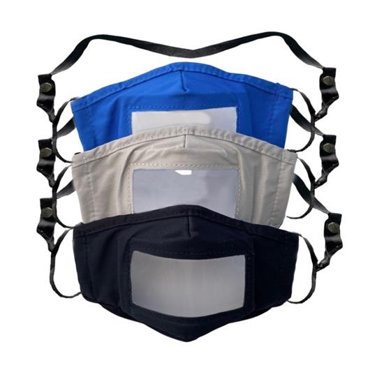 Mist Away Communication Mask with Clear, Anti-fog Window – 3 pack (Black, Blue, Tan)